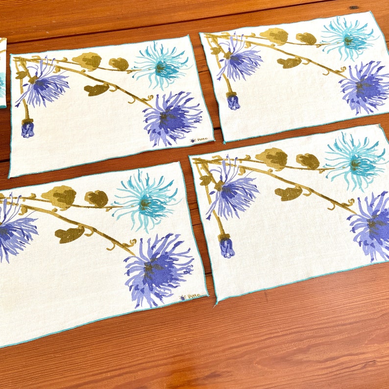 Vera Neumann placemat set for 4, spider mums flowers, purple turquoise olive green, Belgian linen print, vintage table textiles image 4