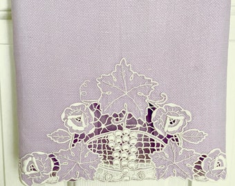 1920s Madeira lavender hand towel with white hand embroidery, exceptional needlework on birdseye cotton huck cloth, elegant cutwork grapes