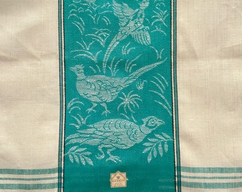 Vintage Kitchen Textiles New Old Stock NOS Unused Foil Sticker Made in Czechoslovakia Woven Pheasants Towel in Teal Green Damask