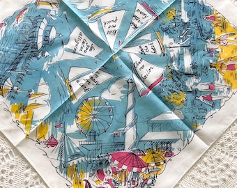 Seaside Scenes Scarf, Beach Sailboats Ocean Watersports, White Cotton, Mid Century Accessory
