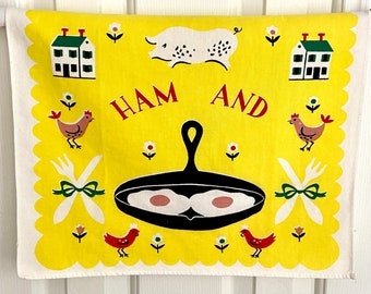 Ham and Eggs kitchen towel, yellow cotton print, rebus puzzle style, novelty vintage tea linens, wall hanging, farmhouse decor, chickens pig