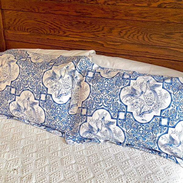 2 Ralph Lauren pillow shams oriental pattern, French blue and white birds, all cotton, flange border, Asian chinoiserie theme, standard size