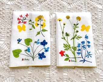 2 Vera Neumann wildflowers linen guest towels, 11 by 17 trimmed in lime green, butterflies violets dandelions, excellent condition, hostess
