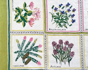Linen Print Tablecloth Flowers of Sweden, Designer M. M. Dahlin, 34 by 35 Grid Pattern