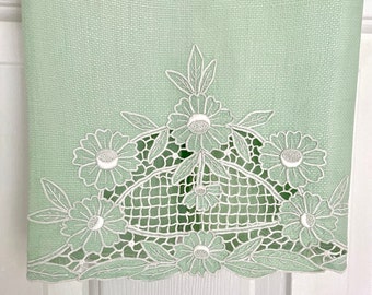 1920s mint green hand towel with white Madeira hand embroidery, exceptional needlework on birdseye cotton huck cloth, elegant cutwork