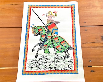 Canvas poster medieval knight on horseback Manesse Codex illumination 1960s reproduction, German Middle Ages, bright colors, 24 by 17 inches