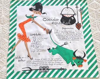 Spanish recipe towel Cocido Espanol, boiled dinner with meat beans vegetables, dressy lady in orange and green, charming 1960s graphics,