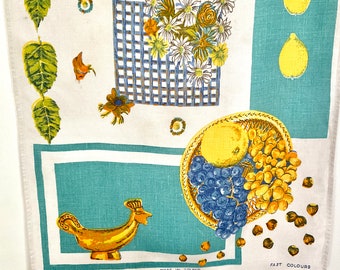 Irish Linen Tea Towel from Poland, Fruits and Flowers, Warm Summer Colors, Lemons Grapes, Mid Century Graphics