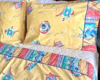 Queen flat sheet and 2 standard pillowcases, yellow abstract design, matching cuffs, vintage bed linens, teenager, college apartment, Revman