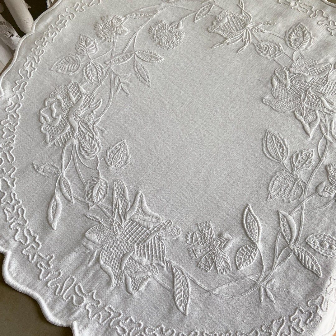 White Table Topper Round White Table Topper With Mountmellick White Hand Embroidery ...