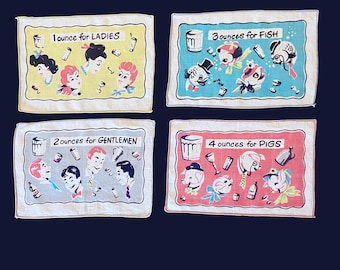 4 linen print cocktail napkins set called Ounces by Leacock Prints, 1940s mid century illustrations Irish linen, Ladies Gentleman Fish Pigs