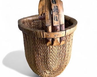 Antique Chinese Rice Basket, Calligraphy Handles, Hand Woven Willow Reed