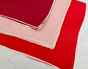 3 Irish Linen Handkerchiefs Pale Pink Burgundy Scarlet Red, Hand Rolled White Edges, 1970s Pocket Squares