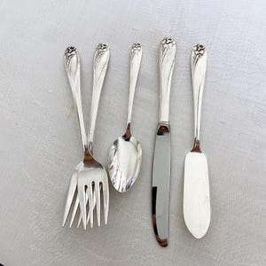 Peut inclure: Un ensemble de cinq couverts argentés : une fourchette, une cuillère, un couteau et un couteau à beurre. Chaque manche est orné d'un motif floral. Les couverts sont disposés sur une surface claire, reflétant la lumière.