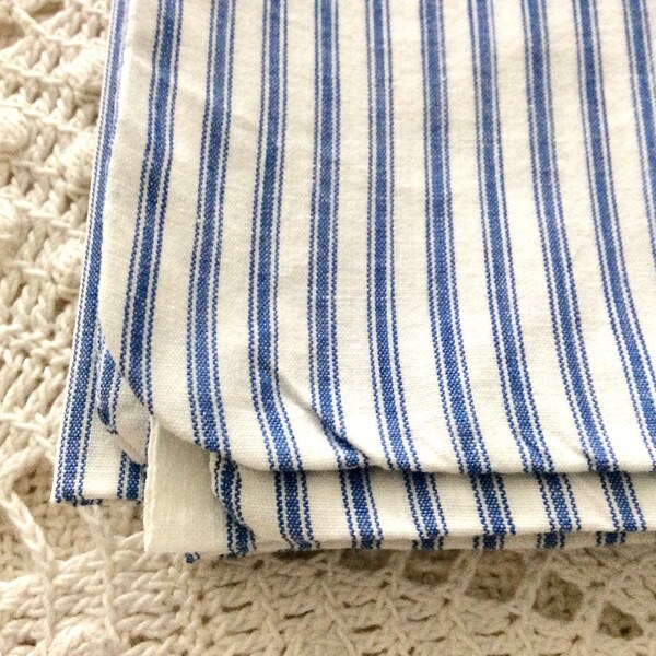 2 blue ticking pillow covers, finely woven stripes, vintage bedding, cotton crafting fabric, mid century farmhouse decor