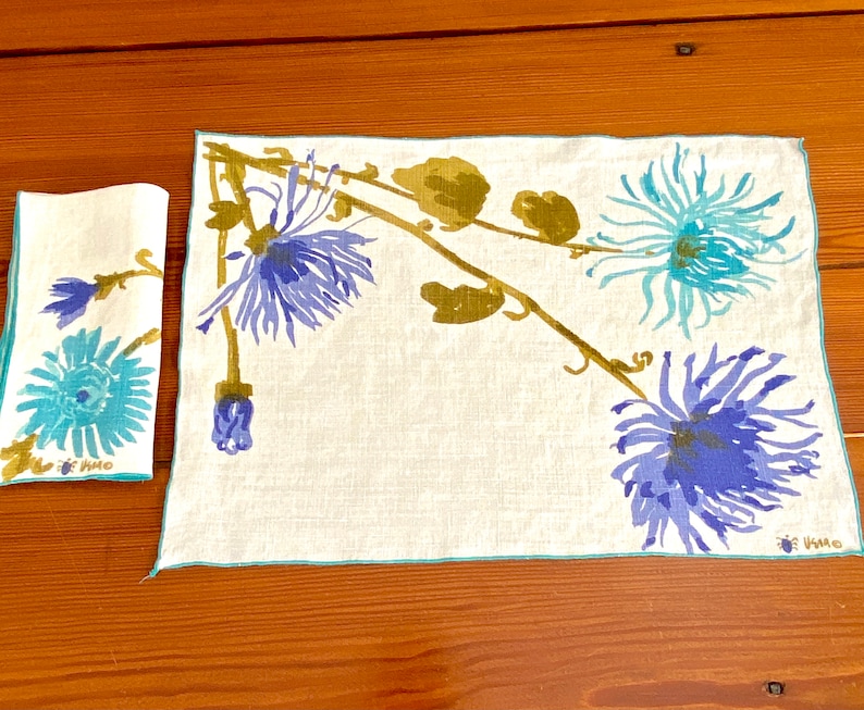 Vera Neumann placemat set for 4, spider mums flowers, purple turquoise olive green, Belgian linen print, vintage table textiles image 3