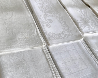 24 Assorted Dinner Napkins in White Linen, 22 Inches Square, Different Damask Patterns, Mismatched Vintage Table Linens, 2 Dozen in All