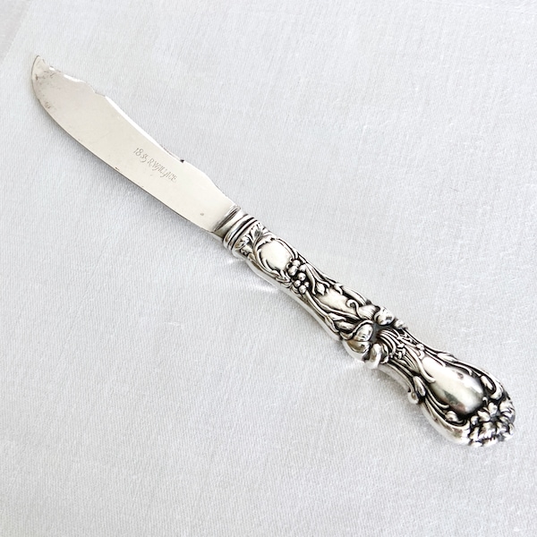 Fruit knife FLORAL 1902 by R Wallace 1835 silverplate silverware 6 inches long, antique flatware, ornate flowers handle, silver plate blade