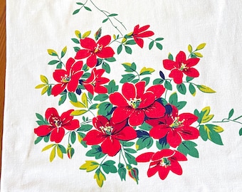 Mantel vintage Simtex, rosas silvestres rojas, estilo rústico de mediados de siglo (120 x 132 cm)