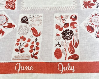 Calendar linen tablecloth by Hardy Craft in brown and rust, holidays fruits birds, 1950s vintage table linens, novelty graphics