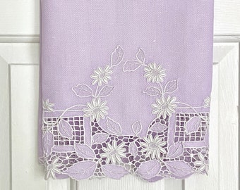 1920s lavender hand towel with white Madeira hand embroidery, exceptional needlework on birdseye cotton huck cloth, elegant cutwork
