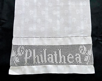 PHILATHEA linen damask towel, early 20th century Bible society for young women, name crochet insert, 1920s 1930s, antique guest linens