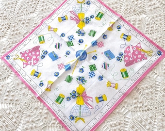 Vintage Sewing Theme Handkerchief, Dressmaker Mannequin, Measuring Tape Border
