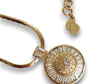Christina Dior pendant domed slide crystal baguettes, gold tone snake box style chain, vintage 1980s jewelry necklace, French luxury brand