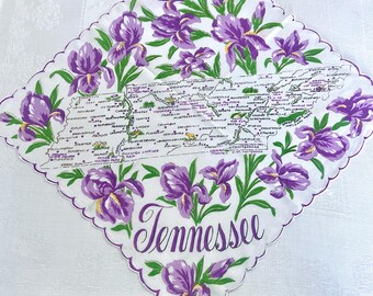 Tennessee map handkerchief with state flower purple iris, 1960s vintage state souvenir, Volunteer State, gift for Tennesseans,