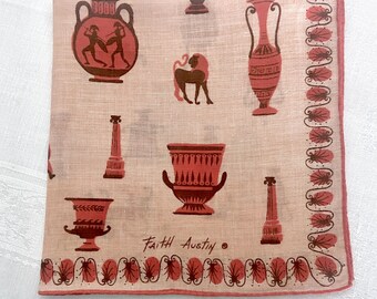 Faith Austin handkerchief with classical Greek or Roman motifs in two shades of brown, urns ewers lions sphinx vases, collectible designer