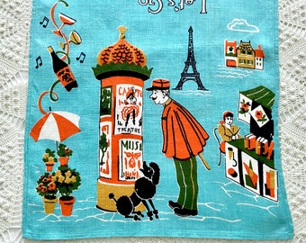 1950s linen tea towel Let's Go To Paris, French scene with gendarme poodle can can girl poster, humorous souvenir of France, vintage textile