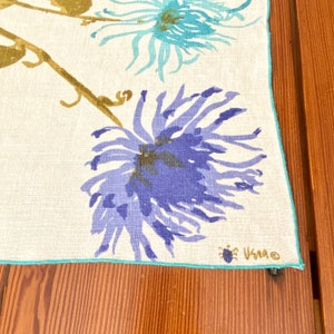 Vera Neumann placemat set for 4, spider mums flowers, purple turquoise olive green, Belgian linen print, vintage table textiles image 8