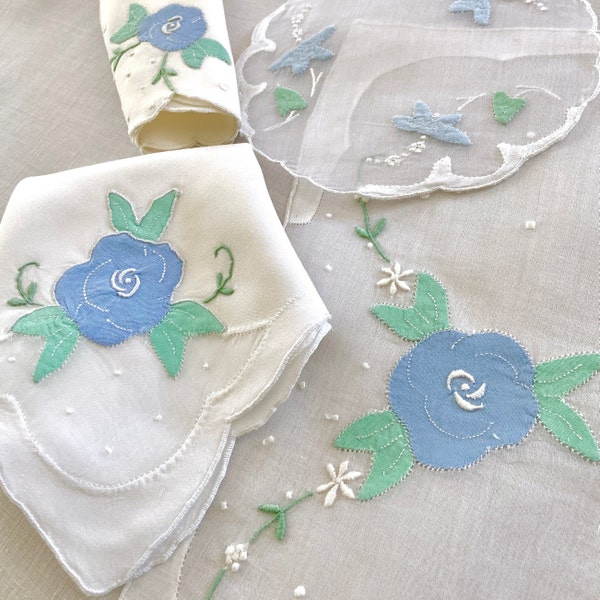 Madeira placemat set for 8 with coasters and napkins, blue flowers green leaves on white linen rayon and organdy, hand embroidered 32 pieces