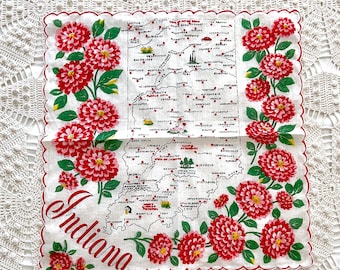 Indiana handkerchief state map, travel souvenir from Hoosier State, red and pink zinnias