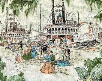 Barkcloth Curtain Panels 1950s, New Orleans Riverboat Print, Mid-Century Decor