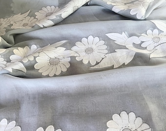 Madeira Organdy and Linen Tablecloth,  Sheer Pale Blue, White Flowers Hand Embroidery, 60 by 120, Seats 10 to 12