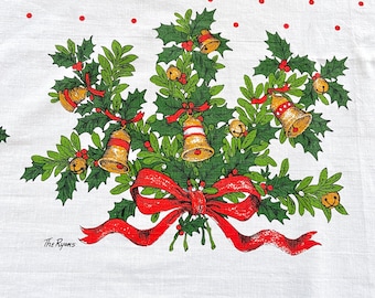 Mantel navideño de Fallani y Cohn firmado por The Ryans, ramas de campanillas de acebo, lazos rojos, 66 x 52, lunares rojos, decoración navideña vintage