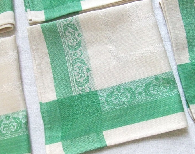 6 Vintage Damask Napkins in Green and Cream Etsy