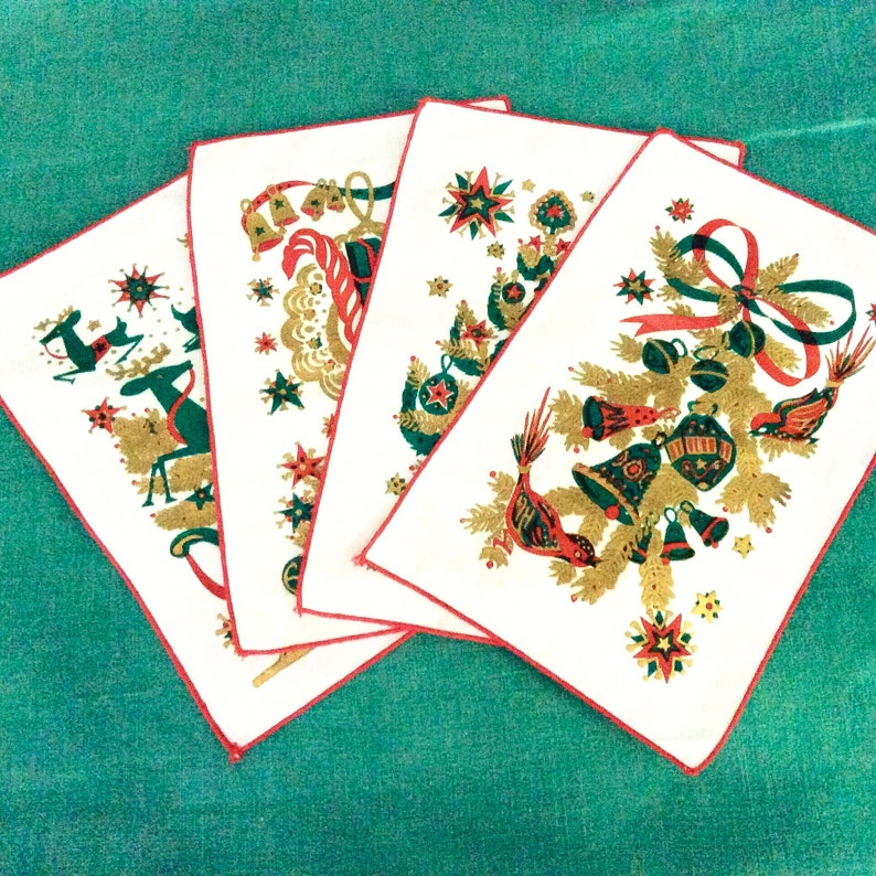 Red and Green Lewis Garland Unused Gold Metallic Print Mid Century Barware 4 Christmas Cocktail Napkins