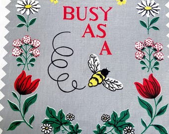Busy As A Bee kitchen towel, rebus puzzle, novelty vintage tea linens wall hanging, farmhouse decor daisies