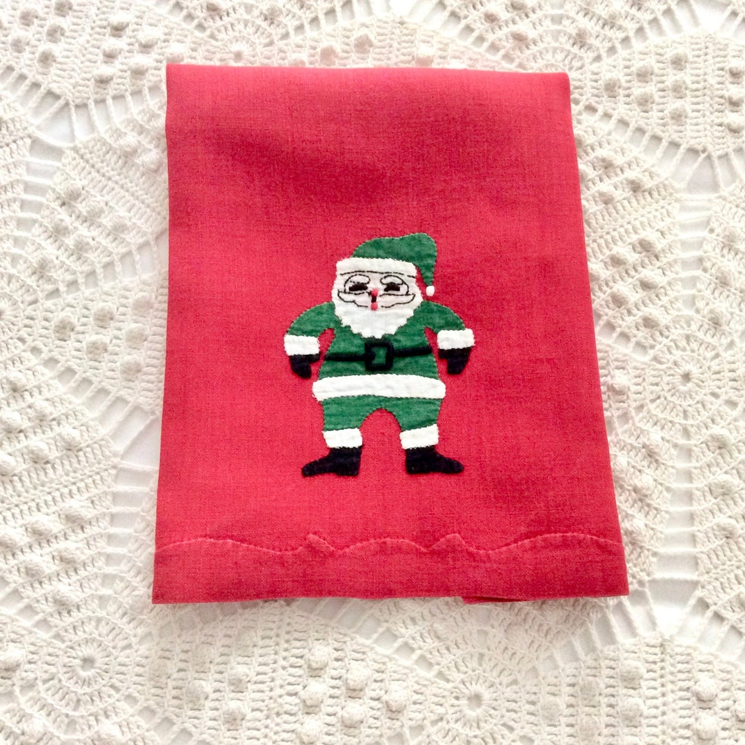 Christmas Guest Towel Red Linen Green Santa Claus Applique Etsy