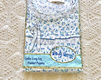 Ladies flannel pajamas size large, blue flower print, all cotton, lace and piping, 1990s vintage sleepwear, long sleeve long pants, NIP NOS