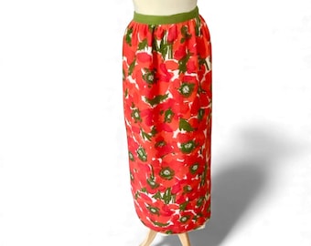 Vera Neumann 1960s Cotton Wrap Maxi Skirt, Red Poppy Floral, Size Small