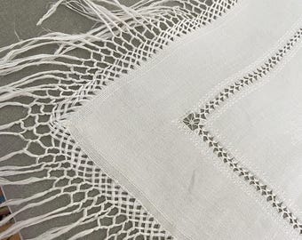 1930s Linen Tablecloth with Hand Drawn Thread Work, Hand Knotted Fringe, 30 by 32
