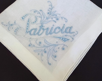 White Handkerchief Blue Embroidered Name Patricia, Vintage Accessories
