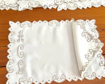 8 Madeira linen placemats 8 matching napkins, cream color, taupe hand embroidery, triple monogram, vintage table linens, handsome heirlooms