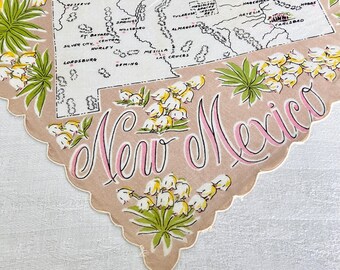Vintage New Mexico Souvenir Handkerchief, Yucca Flowers Map