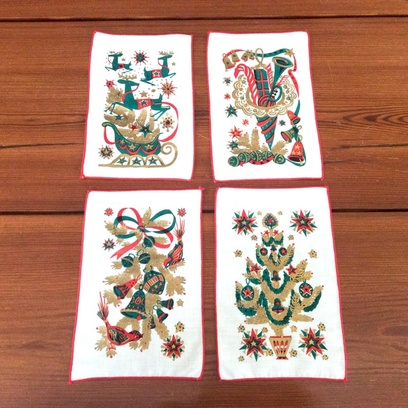 Red and Green Lewis Garland Unused Gold Metallic Print Mid Century Barware 4 Christmas Cocktail Napkins