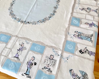 Tablecloth Hummel Style Figurines, Table Tempo, Cotton Print, Vintage Table Linens, 52 by 64