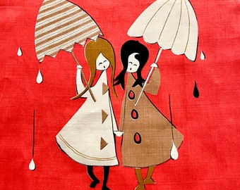 Belgian linen red tea towel two girls in the rain with umbrellas, by Fallani Cohn, gold beige black, mid century vintage tea towels unused